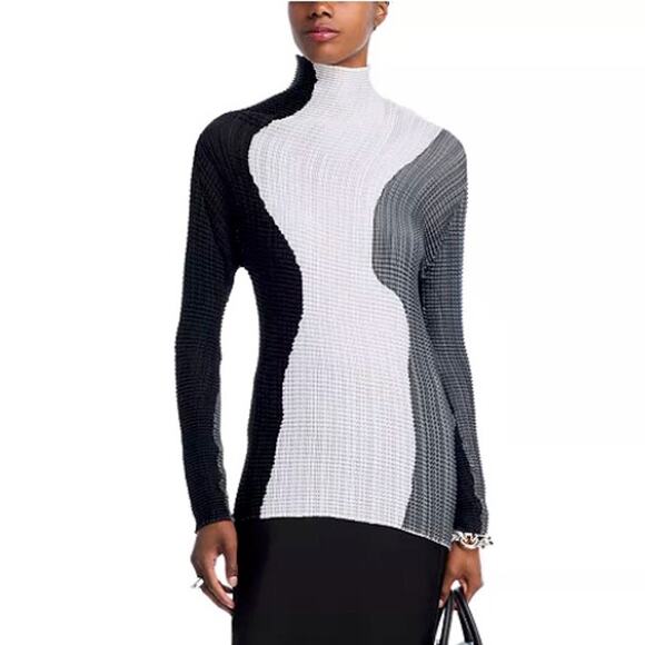 Issey Miyake Mainline Pleated Long Sleeve High Neck Top 2 Blue Pink IM58FJ187 - Picture 7 of 13